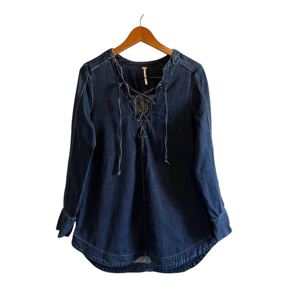 Free People Tops - Free People Denim Tunic Size Small Neopolitan Dreams Grunge Boho Blue Indigo